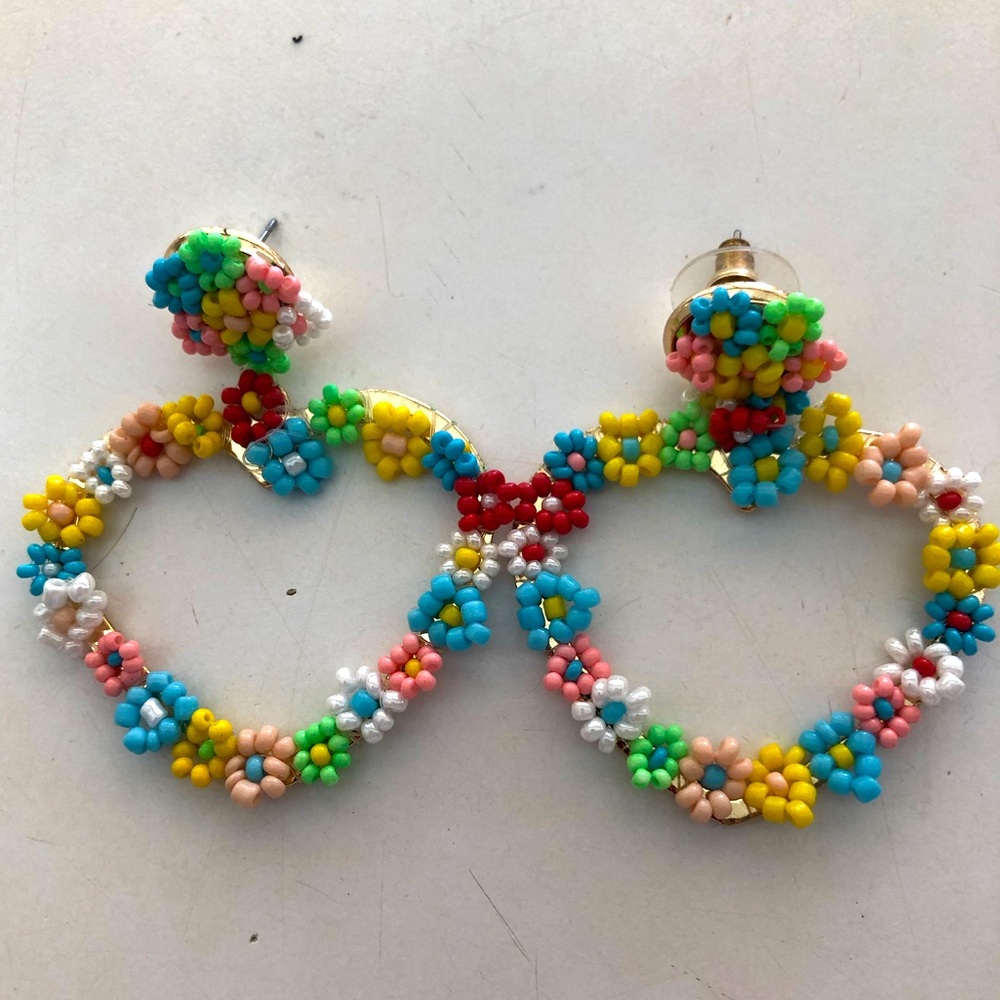Anthropologie Beaded Flower Heart Earrings